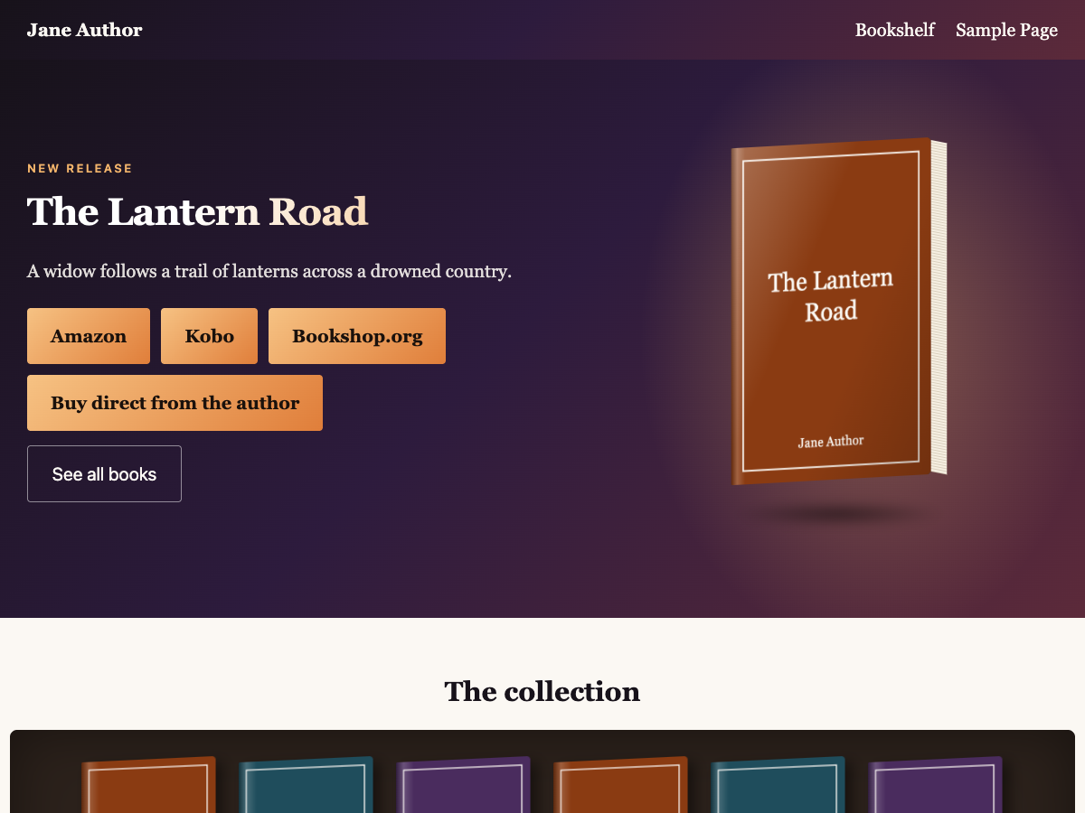 Preview of the Intrepid Author WordPress theme: home page with hero, featured book and buy buttons